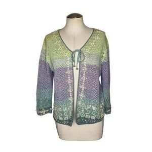 Curio Crochet Knit Cardigan Green Purple Ombre Boho Tie Front Sweater Size L